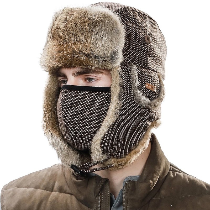 Comhats Winter 100% Real Rabbit Fur Aviator Trapper Hats for Men Ear Flaps Russian Ushanka Cold Weather with Mask Coffee Large - Image 5